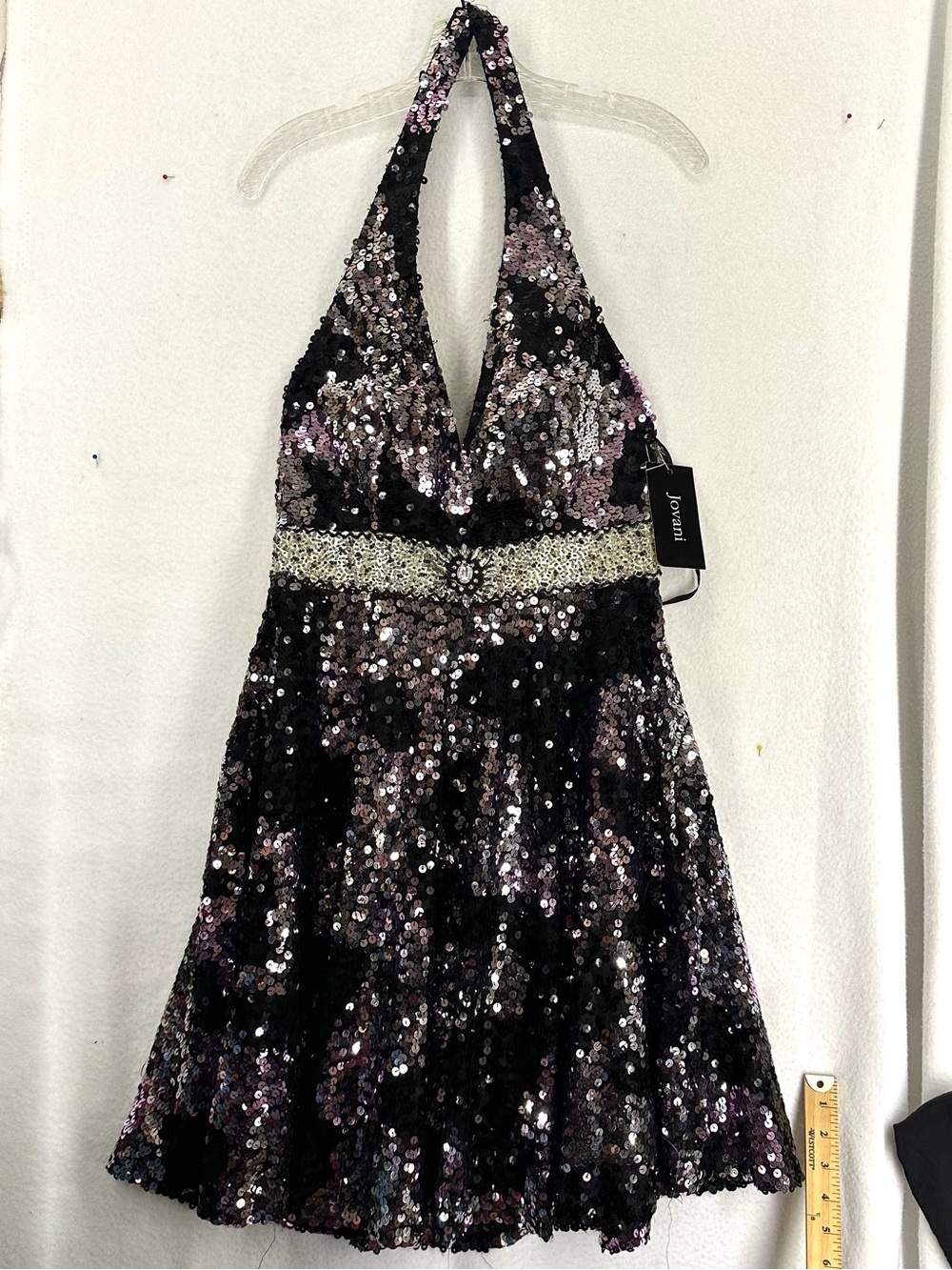 Jovani NWT Women’s Size 10 Black Sequin Halter Mini Dress Rhinestone Y2K Party